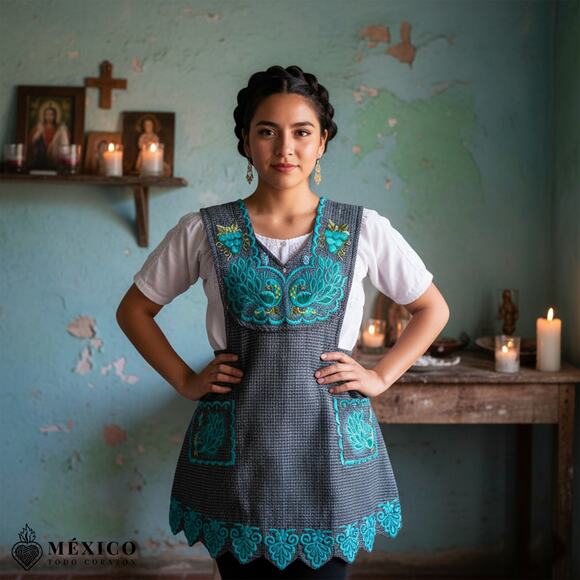 Turquoise Mexican Embroidered Apron – Standard Kitchen Apron Floral Embroidery - Picture 1 of 9